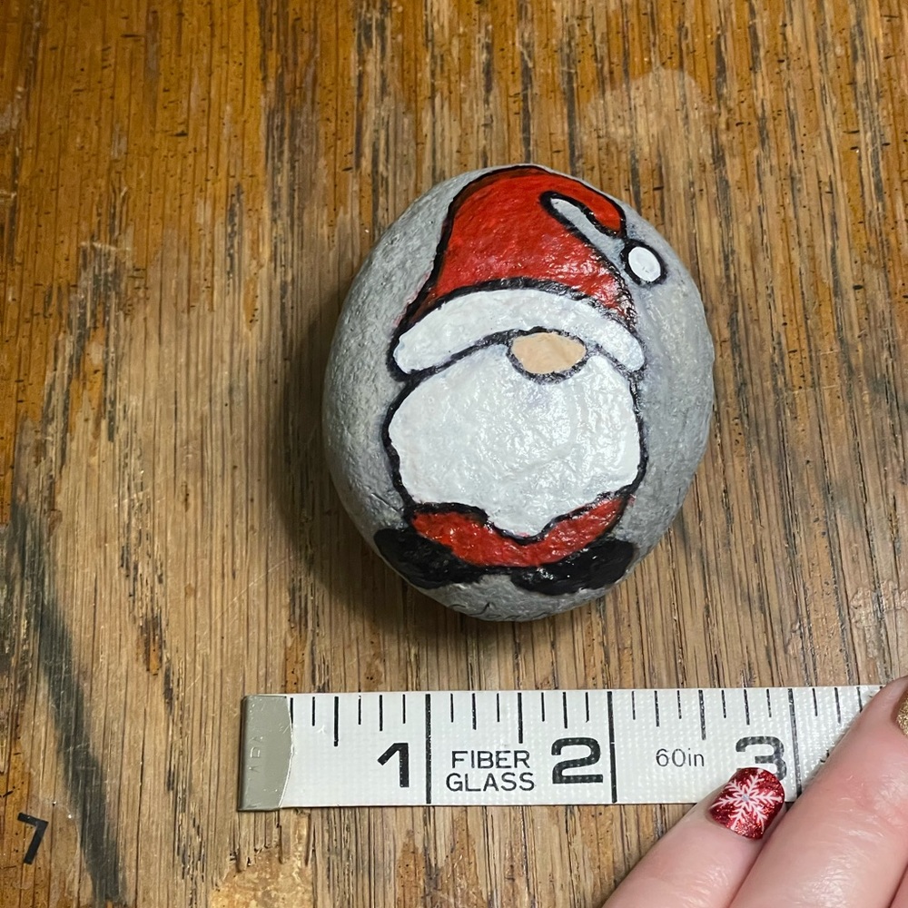 Hand crafted painted Santa Claus gnome rock red hat white long beard round stone - Picture 4 of 6